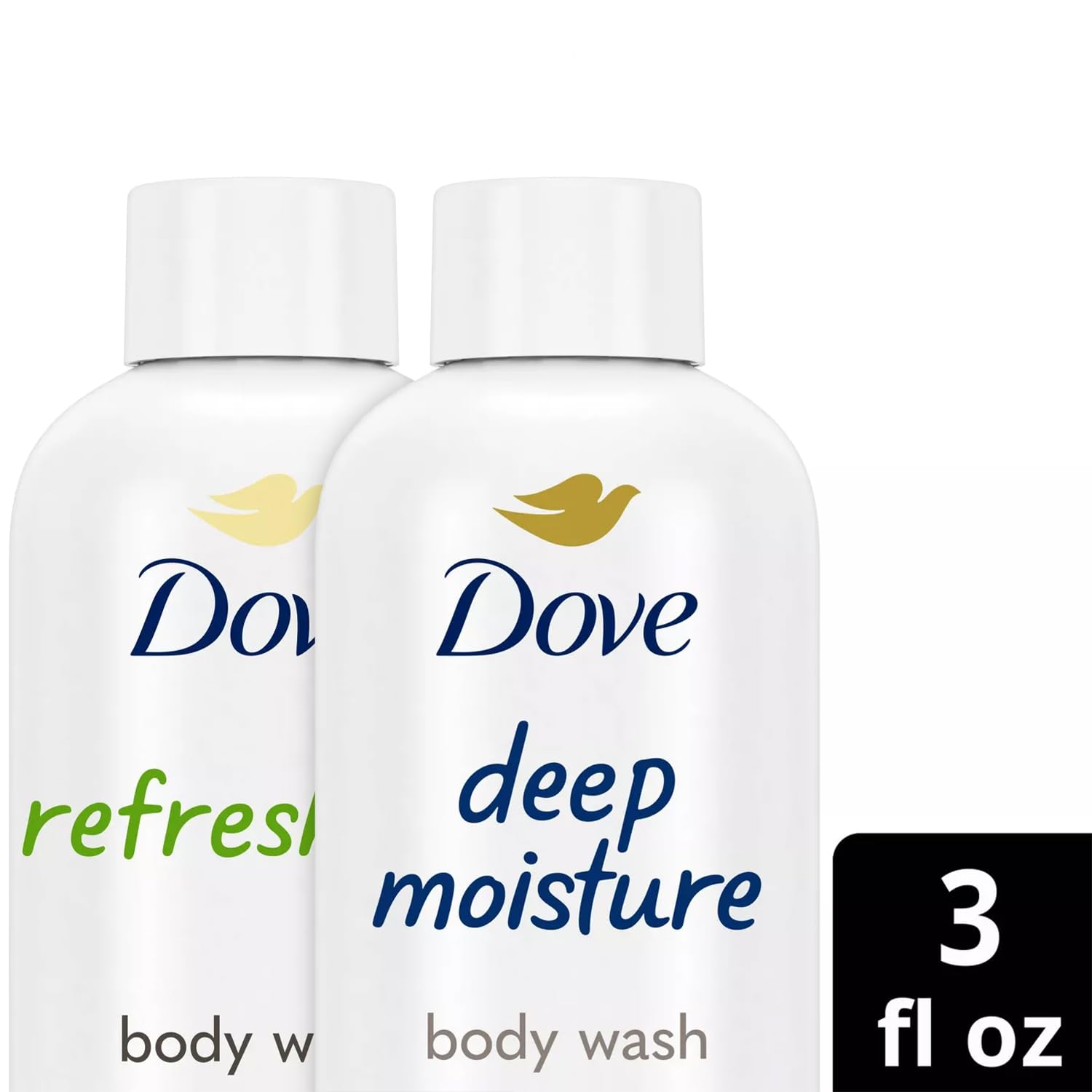 Dove Body Wash Travel Size Variety 6-Pack – Refresh Cucumber & Green Tea + Deep Moisture, 24H Renewing Moisture for Soft Skin, 3 Oz Ea